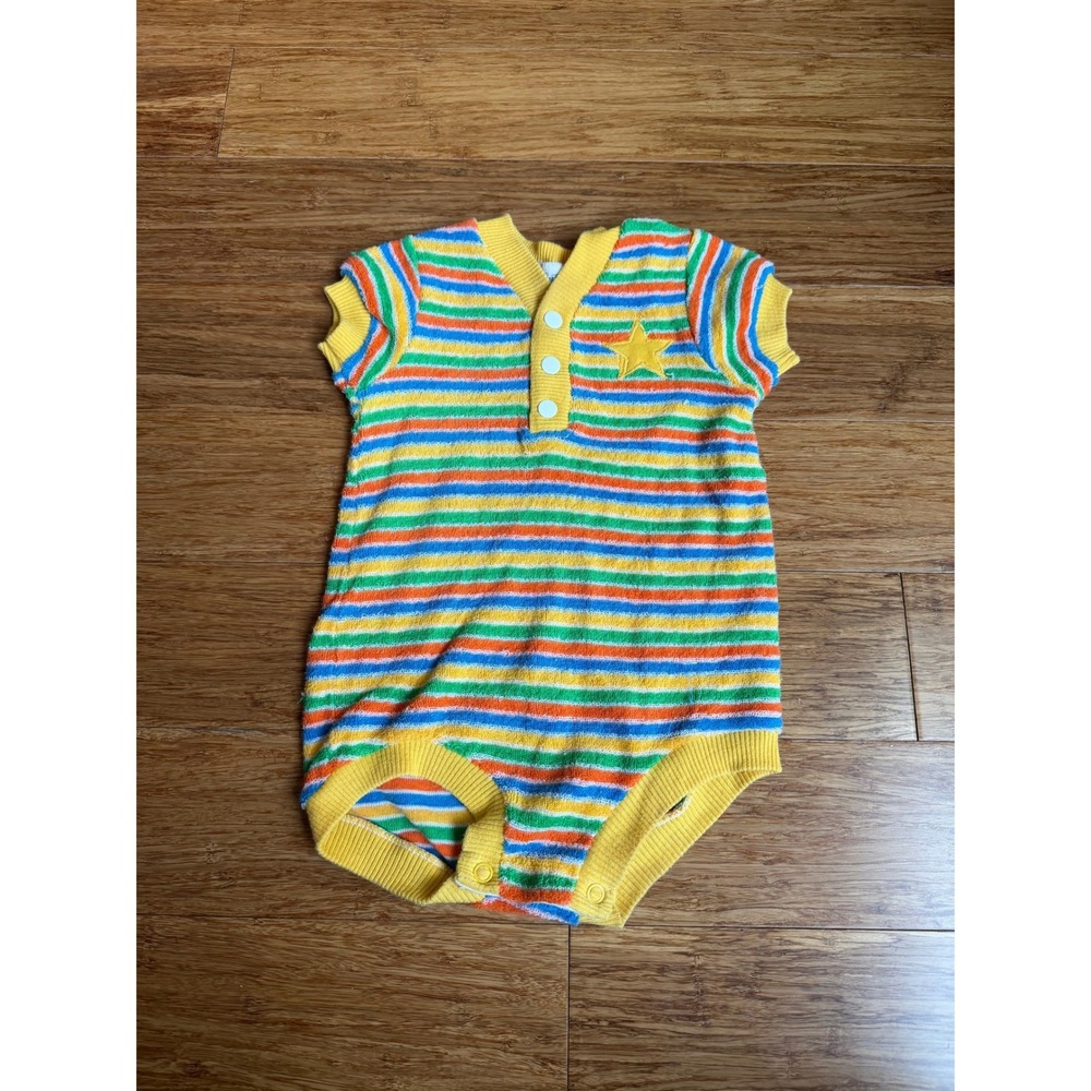 Vintage Carter's Romper 18 Months Primary Yellow Striped Terrycloth Star Henley